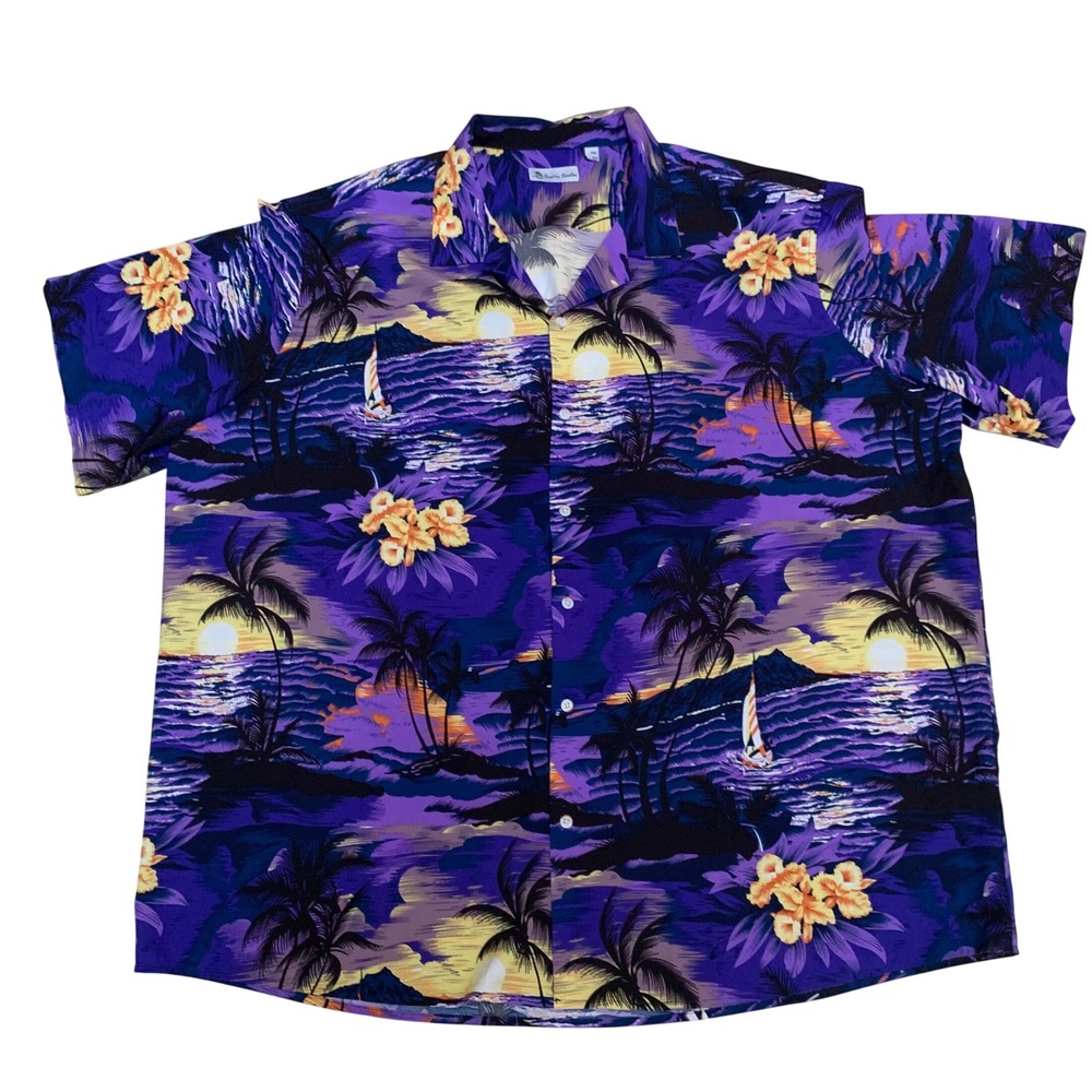 Hawaiian Vacation Shirt Men 4XL Purple Tropical Sunset Palm Tree Aloha Button Up